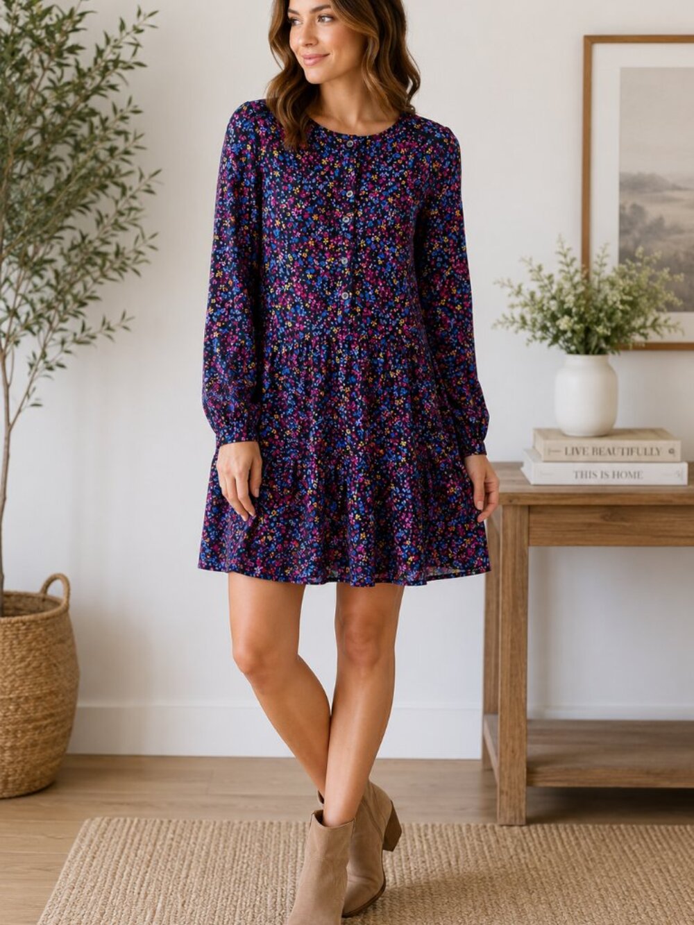 Tommy Hilfiger Floral Shift Dress XS Navy Long Sleeve Button Front Mini 1239